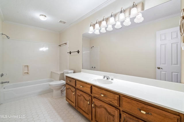 full bathroom featuring shower / bath combination, a textured ceiling, toilet, vanity, and ornamental molding