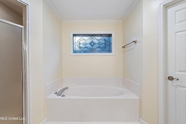 bathroom featuring separate shower and tub and ornamental molding