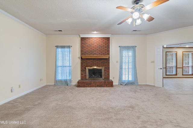 unfurnished living room with crown molding, light colored carpet, and a brick fireplace