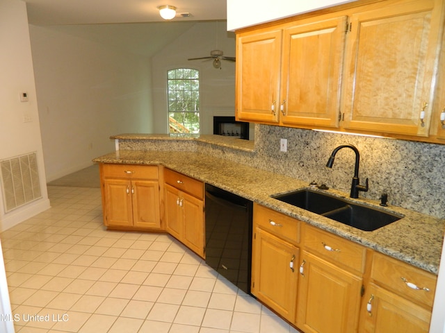 7890 Hilo Way, Diamondhead, MS 39525 - kitchen featuring black dishwasher, a sink, ceiling fan, light tile patterned floors, and backsplash