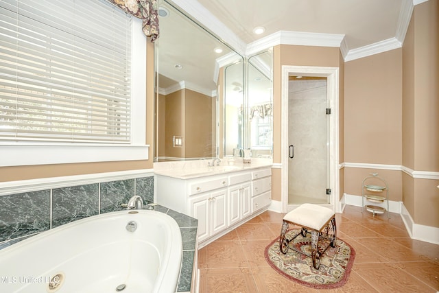 1401 Ladnier Rd, Gautier, MS 39553 - bathroom featuring vanity, ornamental molding, a shower stall, tile patterned floors, and a garden tub