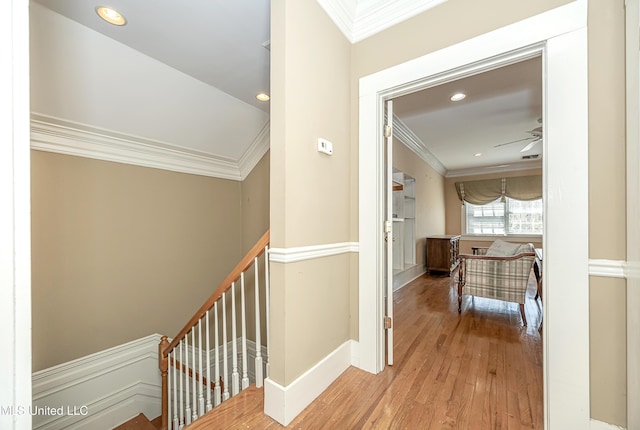 1401 Ladnier Rd, Gautier, MS 39553 - hall with recessed lighting, ornamental molding, baseboards, and wood finished floors