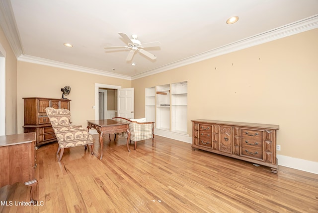 1401 Ladnier Rd, Gautier, MS 39553 - living area featuring recessed lighting, light wood-style floors, ceiling fan, and ornamental molding