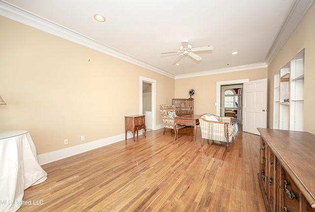 1401 Ladnier Rd, Gautier, MS 39553 - living area with baseboards, ceiling fan, ornamental molding, and light wood finished floors
