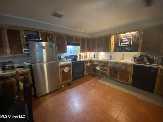 kitchen with dark brown cabinetry, sink, black appliances, and ornamental molding