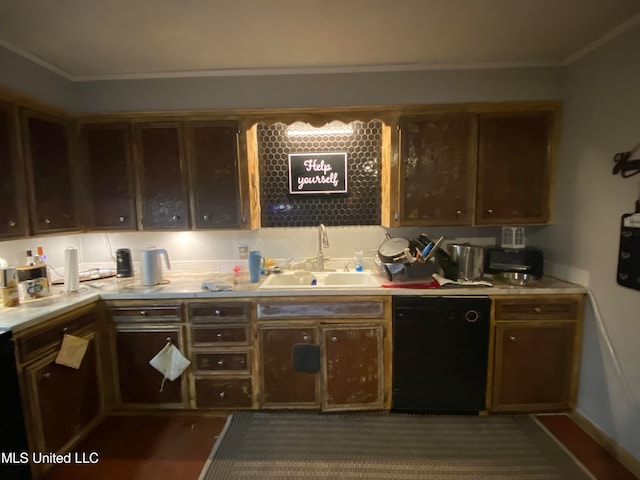 kitchen with dishwasher, ornamental molding, and sink