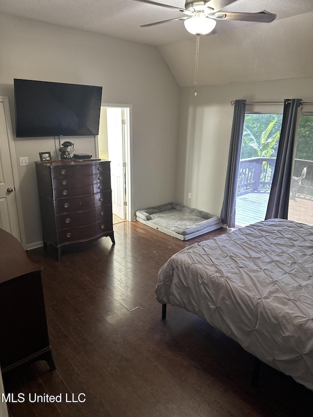 bedroom with a ceiling fan, vaulted ceiling, wood finished floors, baseboards, and access to outside