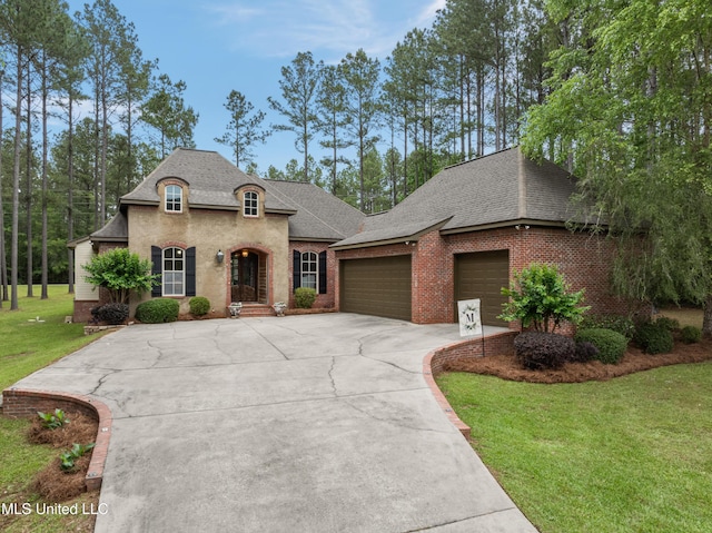 10 Magnolia Crossing Rd, Sumrall, MS 39482 - french provincial home with an attached garage, driveway, a front yard, roof with shingles, and brick siding