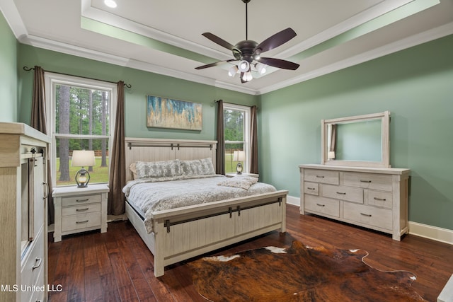 10 Magnolia Crossing Rd, Sumrall, MS 39482 - bedroom with crown molding, a tray ceiling, dark wood-type flooring, and multiple windows