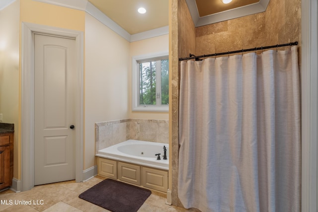 10 Magnolia Crossing Rd, Sumrall, MS 39482 - bathroom with a bath, crown molding, vanity, a shower with shower curtain, and tile patterned floors