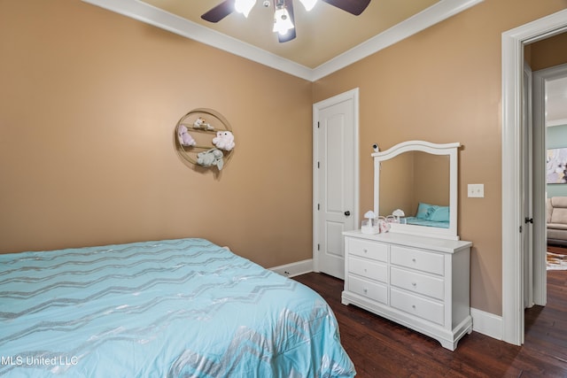 10 Magnolia Crossing Rd, Sumrall, MS 39482 - bedroom featuring dark wood-style floors, baseboards, crown molding, and a ceiling fan