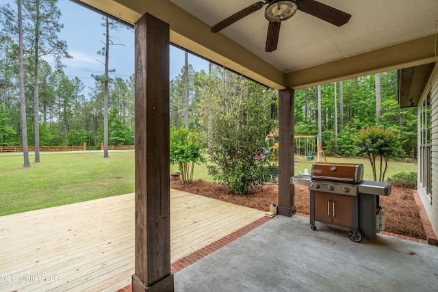 10 Magnolia Crossing Rd, Sumrall, MS 39482 - view of patio / terrace with a ceiling fan, a playground, a wooden deck, and grilling area