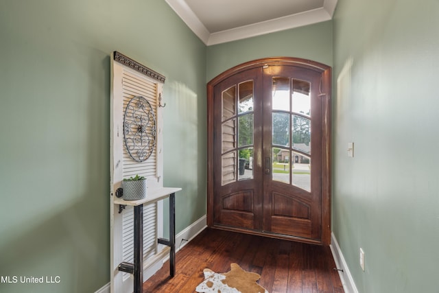 10 Magnolia Crossing Rd, Sumrall, MS 39482 - foyer entrance featuring french doors, baseboards, arched walkways, ornamental molding, and dark wood finished floors