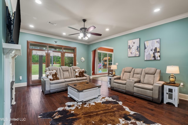 10 Magnolia Crossing Rd, Sumrall, MS 39482 - living area featuring crown molding, ceiling fan, hardwood / wood-style flooring, recessed lighting, and arched walkways
