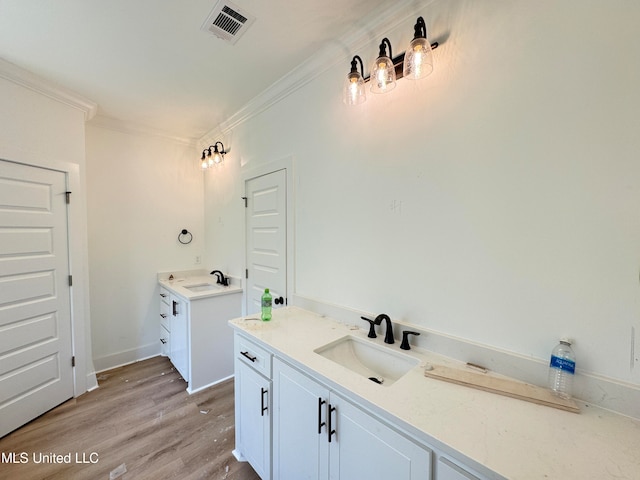 bathroom featuring vanity, ornamental molding, and hardwood / wood-style flooring