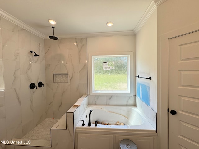 bathroom featuring crown molding and independent shower and bath