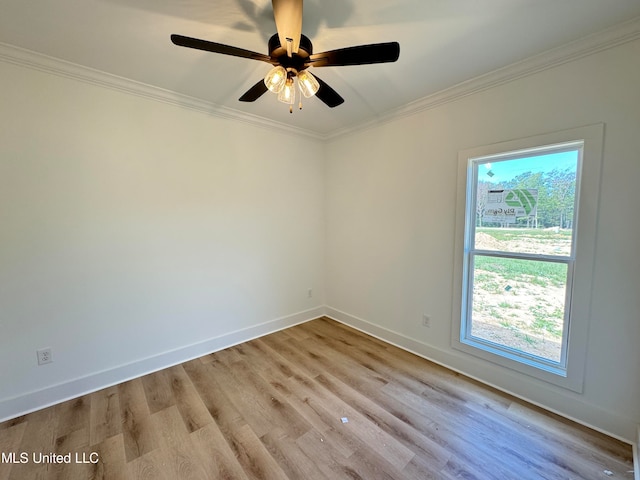 spare room with light hardwood / wood-style floors, ceiling fan, and ornamental molding