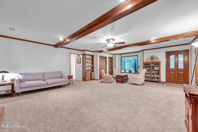 8140 Hunters Hill Cv, Olive Branch, MS 38654 - carpeted living room featuring crown molding, a ceiling fan, and beamed ceiling