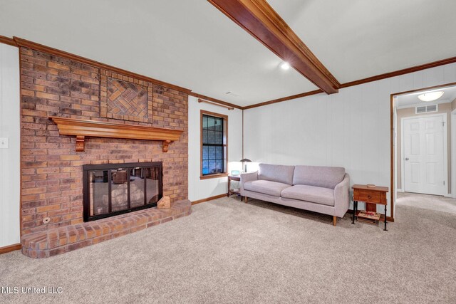 8140 Hunters Hill Cv, Olive Branch, MS 38654 - carpeted living area featuring crown molding, beam ceiling, a brick fireplace, and baseboards
