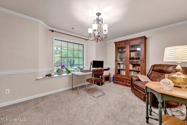 8140 Hunters Hill Cv, Olive Branch, MS 38654 - office space with carpet flooring, a chandelier, ornamental molding, and baseboards