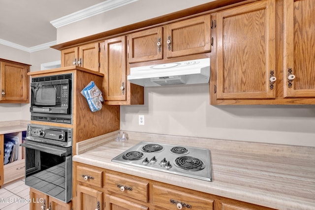 8140 Hunters Hill Cv, Olive Branch, MS 38654 - kitchen featuring under cabinet range hood, stainless steel oven, electric stovetop, ornamental molding, and black microwave