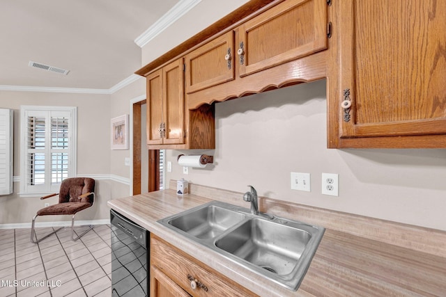 8140 Hunters Hill Cv, Olive Branch, MS 38654 - kitchen with dishwasher, a sink, light countertops, crown molding, and light tile patterned flooring
