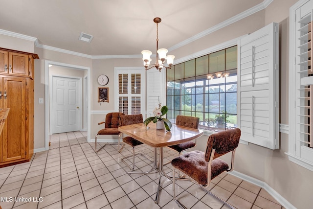8140 Hunters Hill Cv, Olive Branch, MS 38654 - dining area with a chandelier, ornamental molding, light tile patterned flooring, and baseboards
