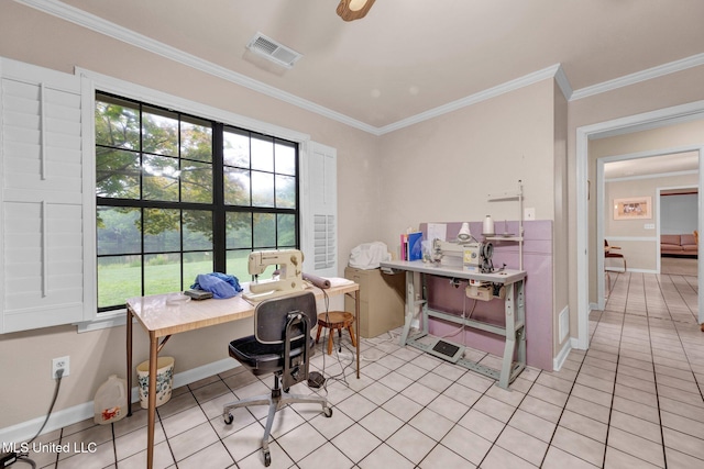 8140 Hunters Hill Cv, Olive Branch, MS 38654 - office featuring crown molding, baseboards, and light tile patterned flooring