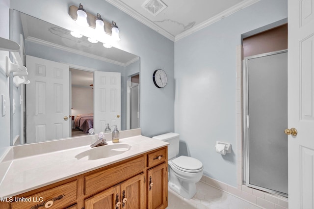 8140 Hunters Hill Cv, Olive Branch, MS 38654 - bathroom featuring vanity, ensuite bathroom, a shower stall, ornamental molding, and toilet
