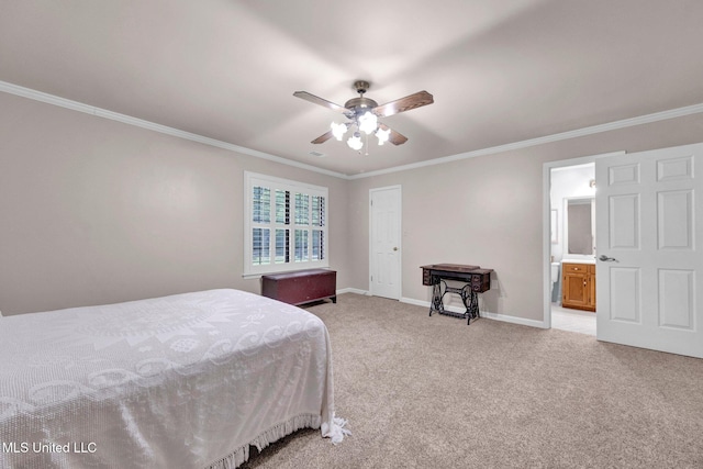 8140 Hunters Hill Cv, Olive Branch, MS 38654 - bedroom with crown molding, light carpet, baseboards, ceiling fan, and ensuite bath