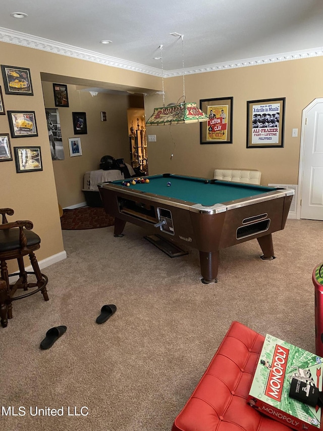 recreation room with carpet flooring, pool table, baseboards, and ornamental molding