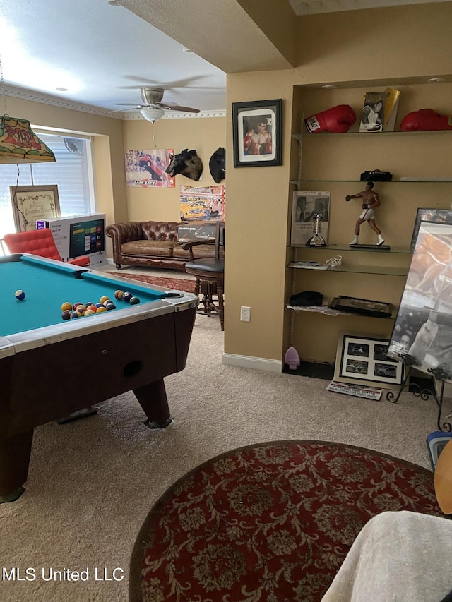 recreation room with baseboards, carpet flooring, pool table, and ceiling fan