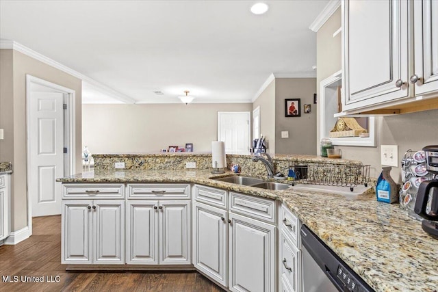 kitchen with a sink, light stone counters, dark wood-type flooring, and crown molding