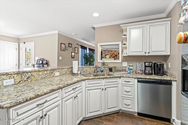 kitchen featuring ornamental molding, dark wood-style flooring, a sink, and stainless steel dishwasher