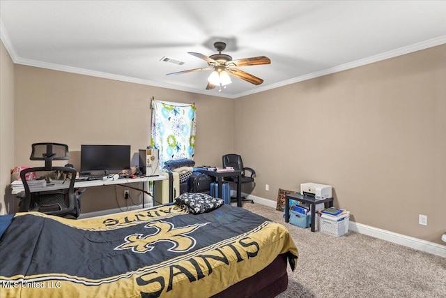 carpeted bedroom featuring a ceiling fan, baseboards, visible vents, and crown molding