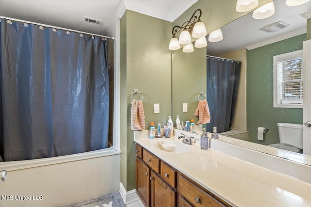 full bathroom with toilet, ornamental molding, vanity, and visible vents