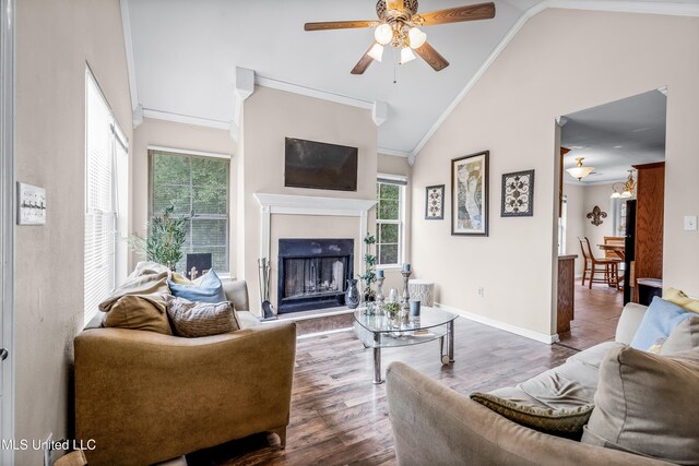 living room with dark hardwood / wood-style floors, lofted ceiling, crown molding, and a wealth of natural light