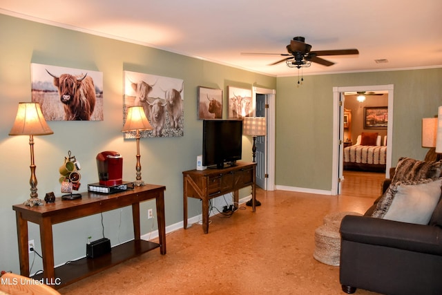 10991 High Rd, Hernando, MS 38632 - living area with ceiling fan, ornamental molding, and baseboards