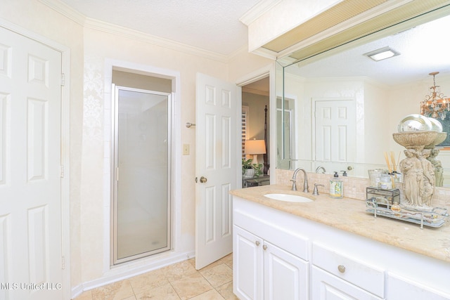 697 Country Place Dr, Pearl, MS 39208 - bathroom with vanity, a shower stall, tile patterned floors, decorative backsplash, and a chandelier