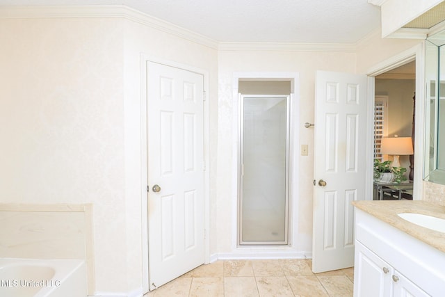 697 Country Place Dr, Pearl, MS 39208 - full bath with a shower stall, vanity, a bath, tile patterned floors, and crown molding
