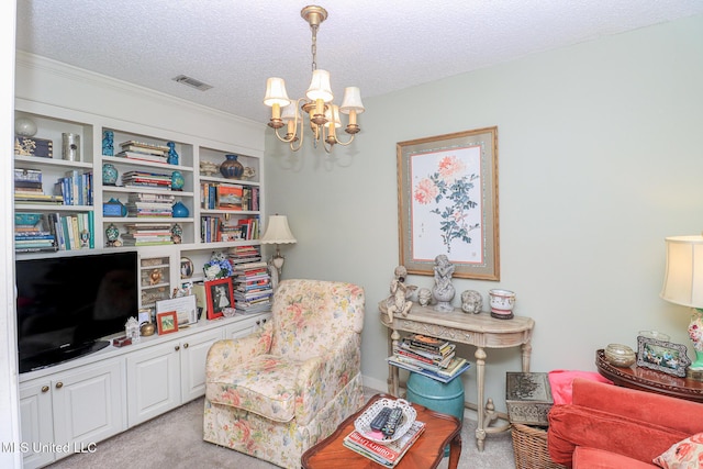 697 Country Place Dr, Pearl, MS 39208 - living area featuring a chandelier, light carpet, a textured ceiling, and ornamental molding