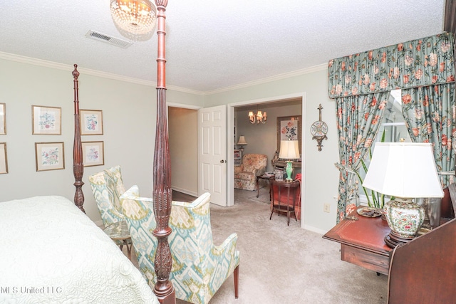 697 Country Place Dr, Pearl, MS 39208 - bedroom with carpet floors, a chandelier, a textured ceiling, crown molding, and baseboards