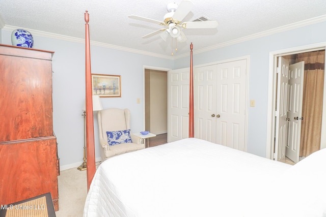 697 Country Place Dr, Pearl, MS 39208 - carpeted bedroom with a closet, crown molding, ceiling fan, and a textured ceiling