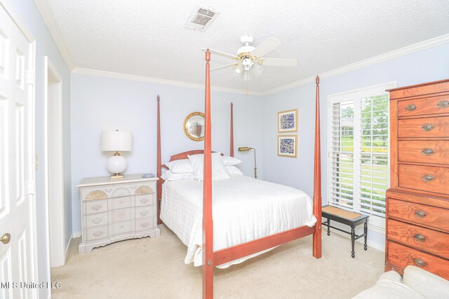 697 Country Place Dr, Pearl, MS 39208 - bedroom featuring light colored carpet, crown molding, a ceiling fan, and a textured ceiling