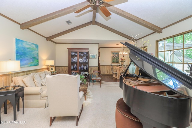 697 Country Place Dr, Pearl, MS 39208 - carpeted living room featuring wainscoting, ceiling fan, wood walls, and a chandelier