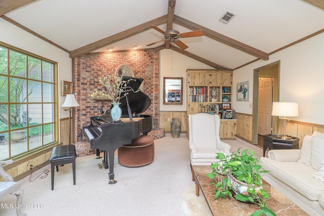 697 Country Place Dr, Pearl, MS 39208 - carpeted living area featuring wainscoting, wood walls, ceiling fan, and a wood stove