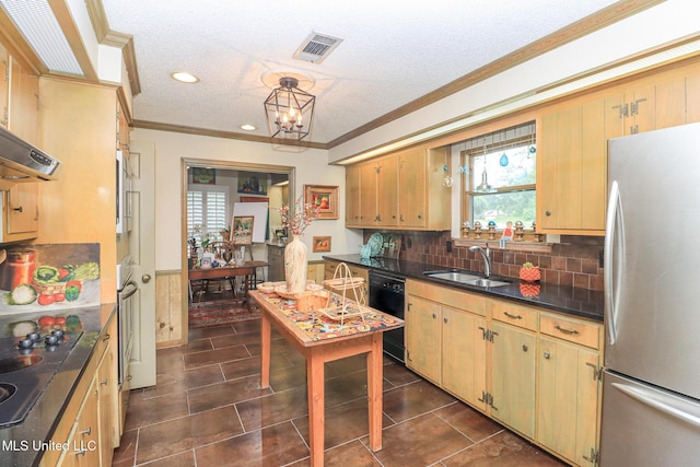697 Country Place Dr, Pearl, MS 39208 - kitchen with black appliances, a sink, dark countertops, crown molding, and a textured ceiling