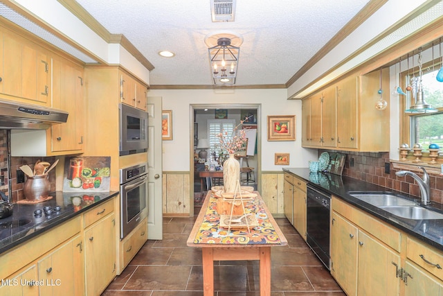 697 Country Place Dr, Pearl, MS 39208 - kitchen with black appliances, a sink, a textured ceiling, crown molding, and a wainscoted wall