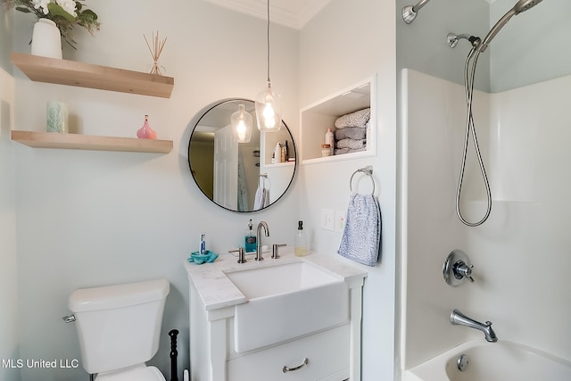 full bathroom with vanity, bathtub / shower combination, and toilet