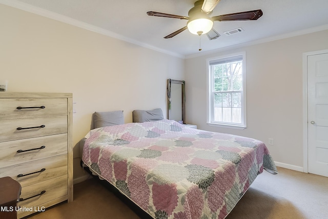 bedroom featuring ceiling fan, dark carpet, and ornamental molding